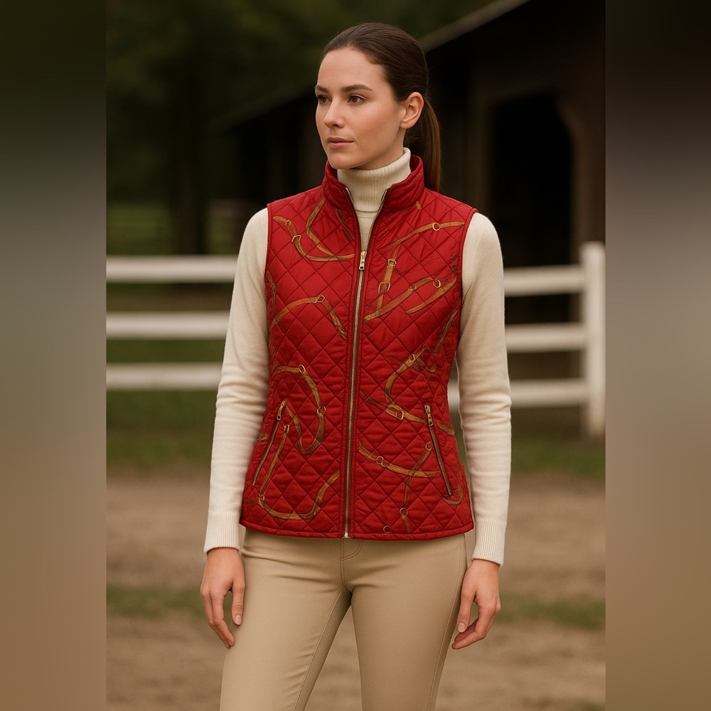 TALBOTS Womens Red Gold Chain Print Quilted Puffer vest Jacket equestrian Small